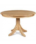 The Baytown Single Pedestal Table features a round solid wood top and a sturdy pedestal base with splayed legs.