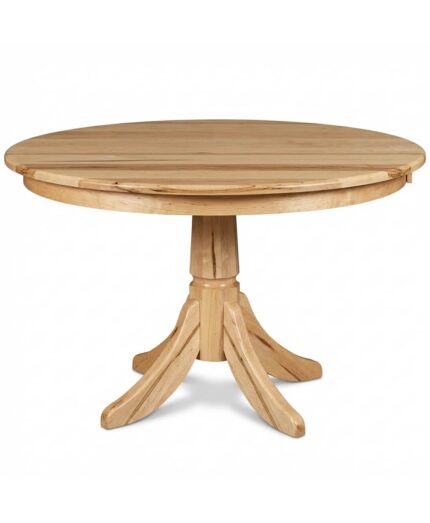 The Baytown Single Pedestal Table features a round solid wood top and a sturdy pedestal base with splayed legs.