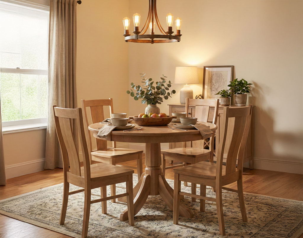 Amish Baytown Pedestal Table with Maverick Chairs [Brown Maple with a Harvest finish]