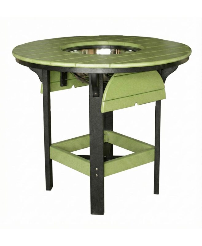 This Poly Round Party Table with Bowl is designed for outdoor use, featuring a round slatted top with a central bowl and a sturdy four-legged base.