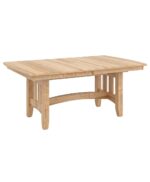 The Galena Trestle Table features a solid wood construction with a substantial trestle base and vertical slats.