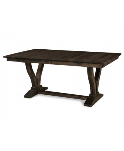 The Brooklyn Trestle Table features a sturdy, dual-pedestal base with elegantly curved legs and a connecting stretcher, perfect for dining.