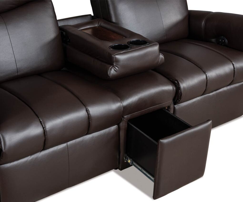 Amish made Lux WallHugger Reclining Theater Seat [Fold-Down Back and Drawer Detail]