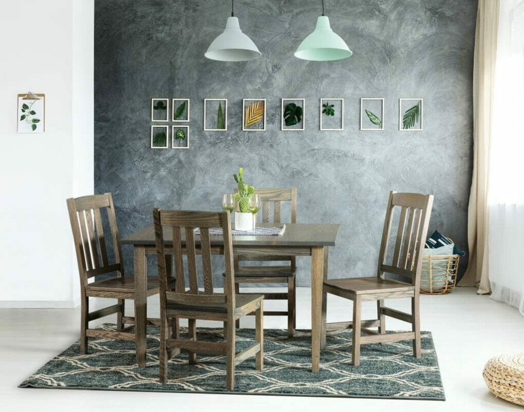 Amish made Dover Table Set shown in Red Oak with a Grey Flannel stain. Shown with Lodge Chairs. [Amish Direct Furniture]