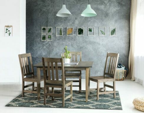 Amish made Dover Table Set shown in Red Oak with a Grey Flannel stain. Shown with Lodge Chairs. [Amish Direct Furniture]