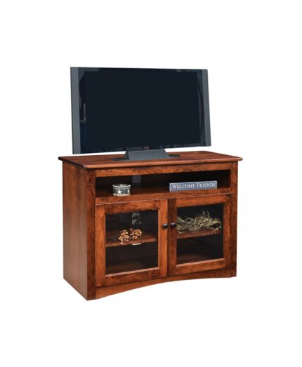 The Economy TV Stand features a simple, sturdy frame with two glass-paneled doors below an open shelf.