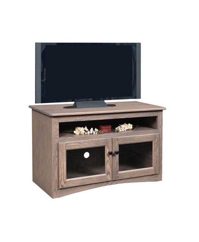 The Economy TV Stand offers a simple design with two glass-front doors and an open shelf.