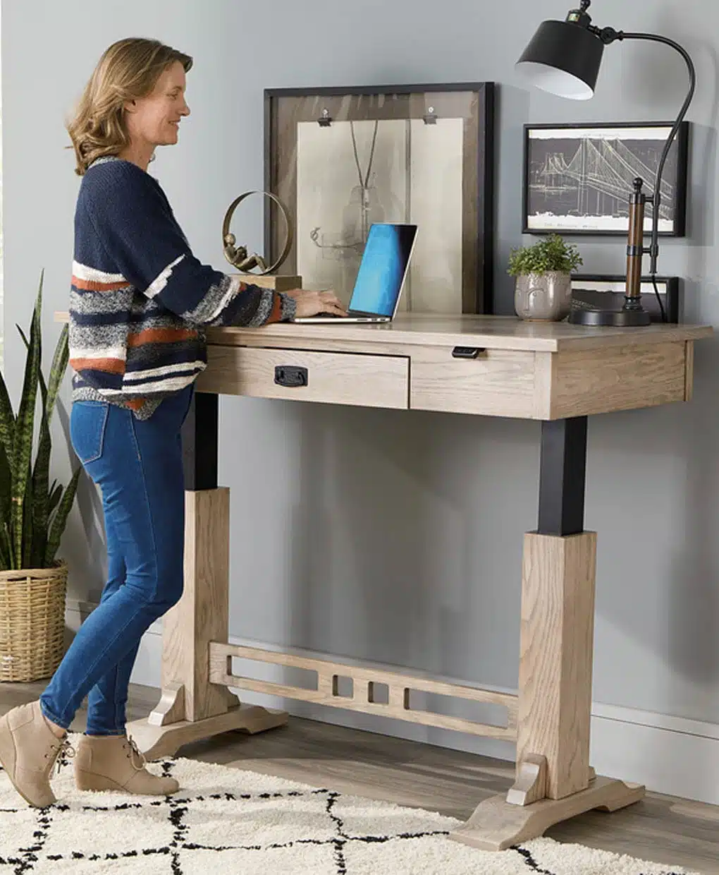 Amish Craftsman Electric Adjustable Writer's Desk with Pencil Drawer & Finished Backside [FVD-2654-CM-SS]