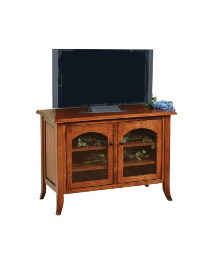 The Bunker Hill TV Stand features arched glass doors and a solid wood frame.