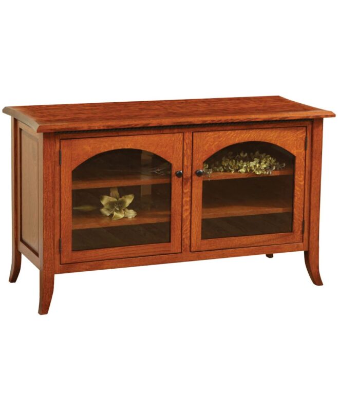 The Bunker Hill TV Stand features two glass doors with arched tops and interior shelving.