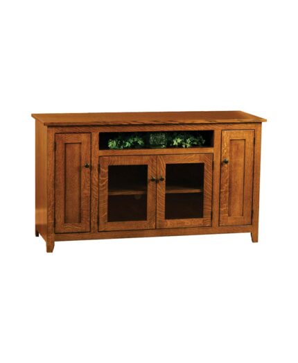 The Modern Mission TV Stand features a central open shelf with plants and glass-fronted doors.