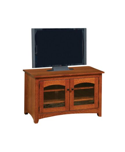 The Modern Shaker TV Stand features arched glass doors and a solid wood construction, perfect for your living room entertainment.