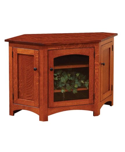 The Shaker Wide Cornwall TV Stand features a solid wood frame with raised panel doors and an arched glass door showcasing shelves.
