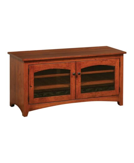 The Modern Shaker TV Stand features arched glass doors and a solid wood frame, perfect for your entertainment center.