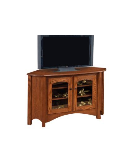 The Master Corner TV Stand features two glass doors and arched molding on its base, offering a beautiful display for your living room.