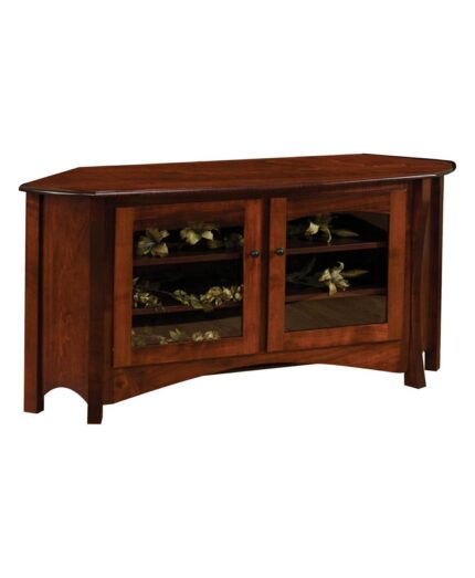 The Master Corner TV Stand features a solid wood construction with two glass doors revealing shelves.