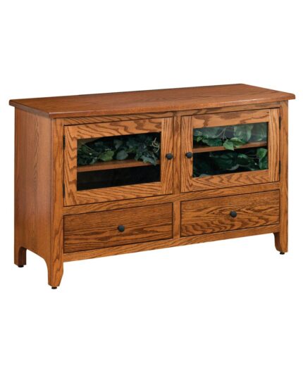 The Shaker TV Stand offers a clean design with two glass doors and two drawers below.