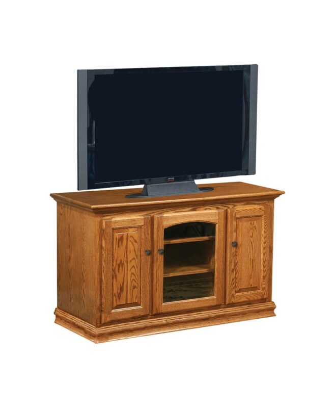 The Traditional TV Stand features arched glass doors and solid wood construction for your living room.