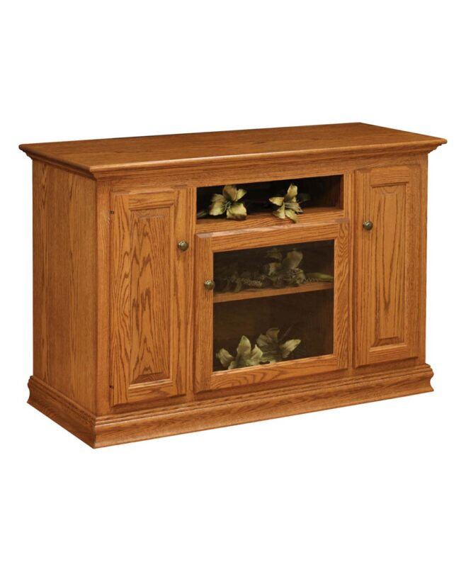This Traditional TV Stand features a solid wood frame with two cabinet doors and an open shelf for media.