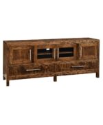 The Vienna TV Stand features a clean frame with glass-fronted cabinets and drawers.