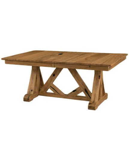The Bailey Trestle Table features a sturdy solid wood construction with a distinctive X-frame trestle base, perfect for dining.
