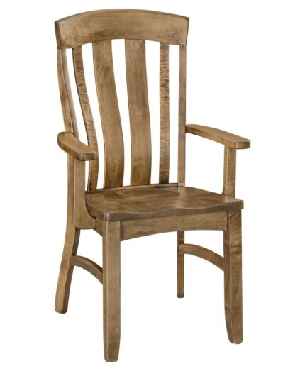 The Nover Dining Chair features a solid wood frame with a curved slat back and sturdy arms for comfortable dining support.
