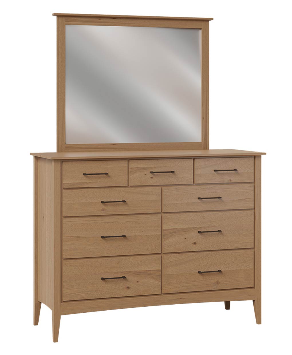 Amish Atlantic 9 Drawer Dresser [Shown with JRAL-030 Mirror in Rustic Hickory with a Tundra finish]