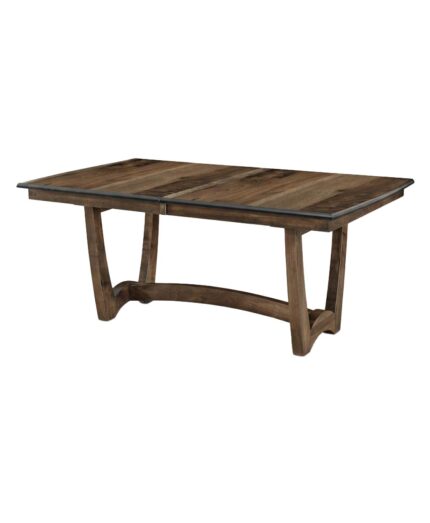 The Hannah Trestle Table features a striking trestle base with a curved stretcher, supporting a solid wood top.