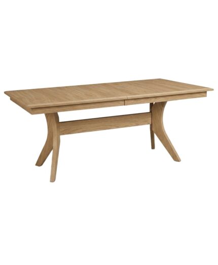 The Harper Trestle Table dining table features a unique curved trestle base and a solid wood top.