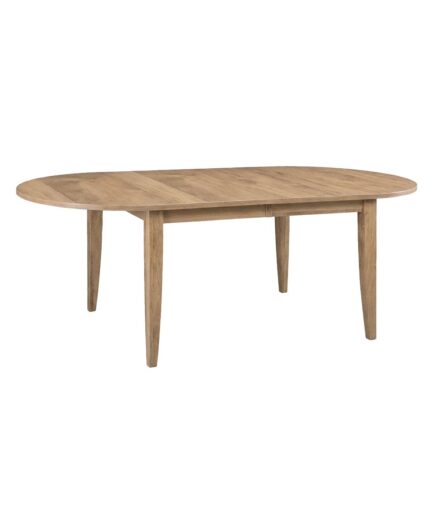 The Millbrook Leg Table is a solid wood dining table with four tapered legs and an oval top.