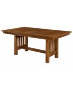 The Mueller Trestle Table features a robust solid wood construction with vertical slats and a sturdy crossbeam.