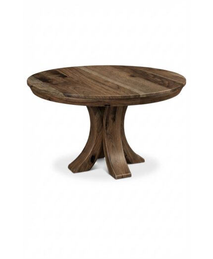 The Korbyn Pedestal Table features a round solid wood top and a striking double pedestal base with curved legs.
