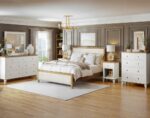 Amish Audrey Bed and Madison Bedroom Collection [Shown in Oak • Case Goods: Muted White stain with Sandstone tops • Bed: Sandstone with C2-12 Antarctic fabric]