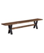 This Legacy Live Edge Bench features a solid wood live edge top supported by robust X-shaped metal legs and a stretcher.