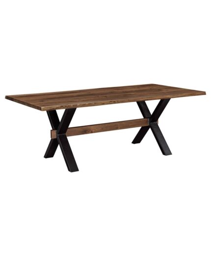 This handcrafted Live Edge Legacy Table features a solid wood dining surface supported by unique X-shaped trestle bases.