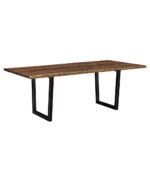 This Live Edge Legacy Table is a solid wood dining table with a rectangular live edge top and two U-shaped pedestal bases.