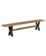The Livingston Bench is a dining bench featuring a sturdy solid wood top and an X-shaped base connected by a wood stretcher.
