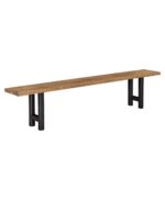 The Livingston Bench is a dining bench featuring a sturdy, solid wood top supported by two simple, H-shaped metal bases.