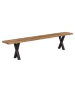 The Livingston Bench is a dining bench featuring a sturdy, flat wooden top supported by two distinct X-shaped bases.
