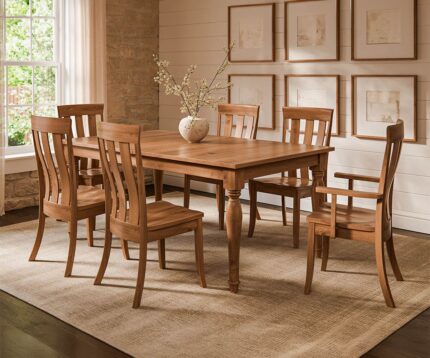 The Amish Colby Leg Table Set is a solid wood dining table with a smooth top and four turned legs, providing a sturdy foundation for meals.