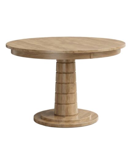 The Liam Pedestal Table features a round top supported by a stacked column pedestal with a circular base.