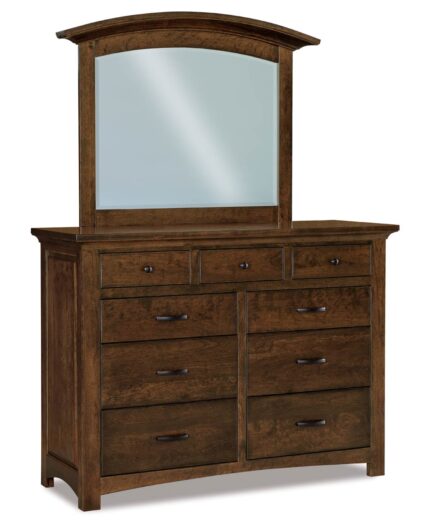 Amish Abby 9 Drawer Dresser [Shown in JRAB-030-AR Mirror in Sap Cherry with an Earthtone finish]