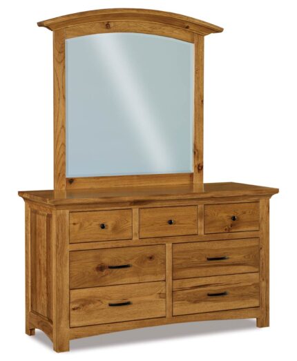 Amish Abby 7 Drawer Dresser [Shown in JRAB-048-AR Mirror in Rustic Hickory with a Medium Walnut finish]