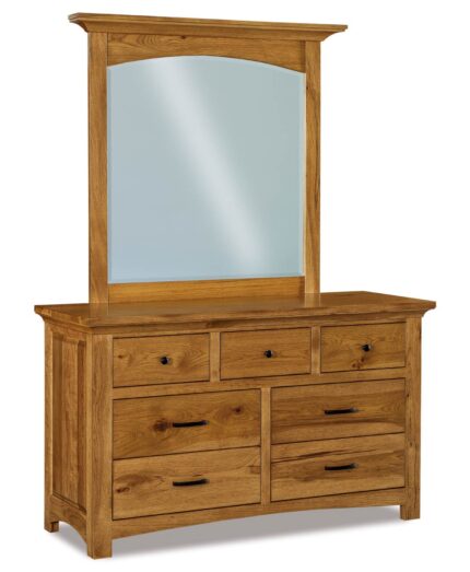Amish Abby 7 Drawer Dresser [Shown in JRAB-048-SQ Mirror in Rustic Hickory with a Medium Walnut finish]