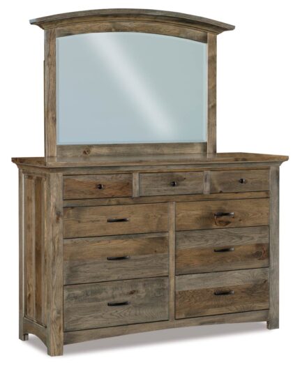 Amish Abby 9 Drawer Dresser [Shown in JRAB-045-AR Mirror in Rustic Hickory with a Carbon finish]