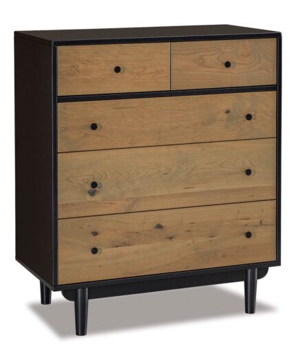 Amish Baymont 5 Drawer Chest [Shown with JRBM-046 Mirror in Rustic Cherry with a Muted Black frame and Wicker drawer fronts]