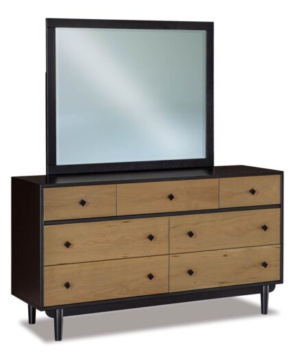 Amish Baymont 7 Drawer Dresser [Shown with JRBM-046 Mirror in Rustic Cherry with a Muted Black frame and Wicker drawer fronts]