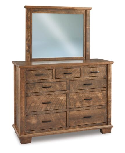 Amish Burlington 9 Drawer Dresser and JRBT-030 Mirror [Shown in Rough Sawm Wormy Maple with a Sandstone finish]