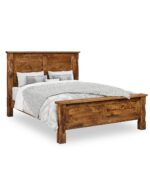 The Riverton Bed showcases a handcrafted solid wood frame with a robust headboard design, epitomizing heirloom quality.