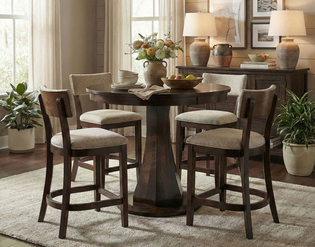 The Emerson Pub Table Set features a sturdy single pedestal base with angular detailing, perfect for intimate gatherings.